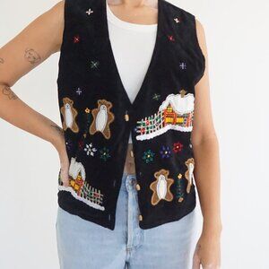 Vintage Dressbarn Black Embroidered Winter Scene Cotton Snow Cabin Vest L